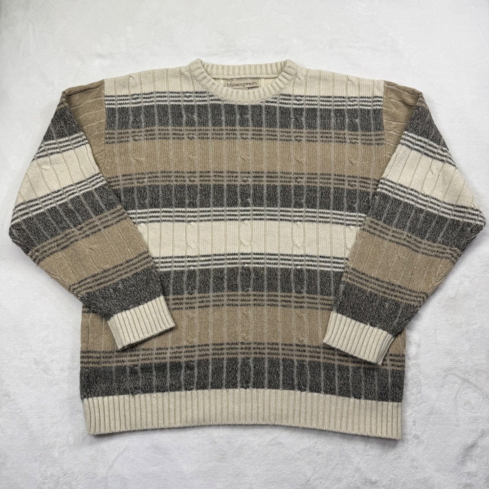 Munsingwear Mens Large Cable Knit Striped Crewneck Sweater Tan Grey Cream